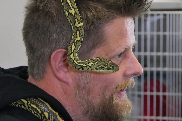 Man with snake on head